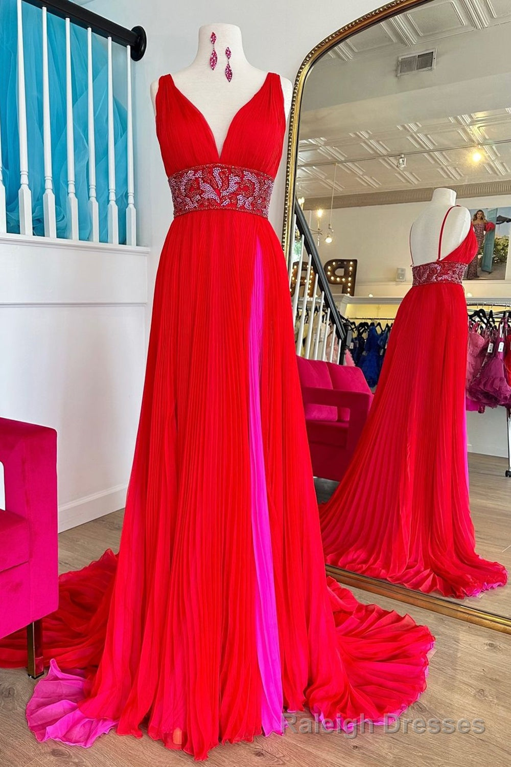 Red Prom Dress A Line Chiffon Long Evening Dress with Slit Main image