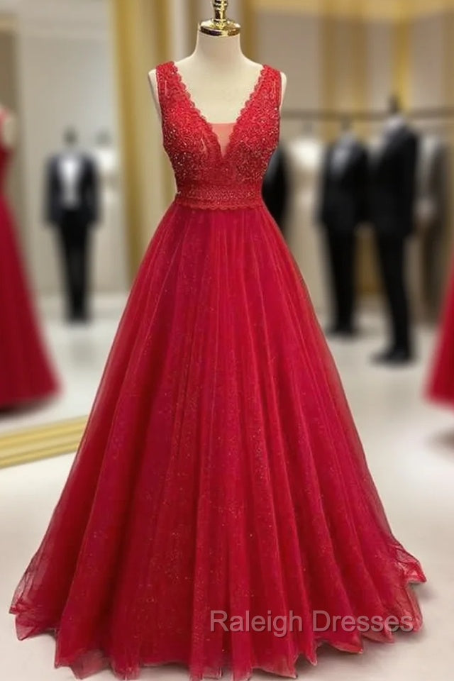 Sparkly Red Prom Dresses, A-line Princess V Neck Long/Floor-Length Tulle Prom Dress With Appliqued Beading Glitter Main image