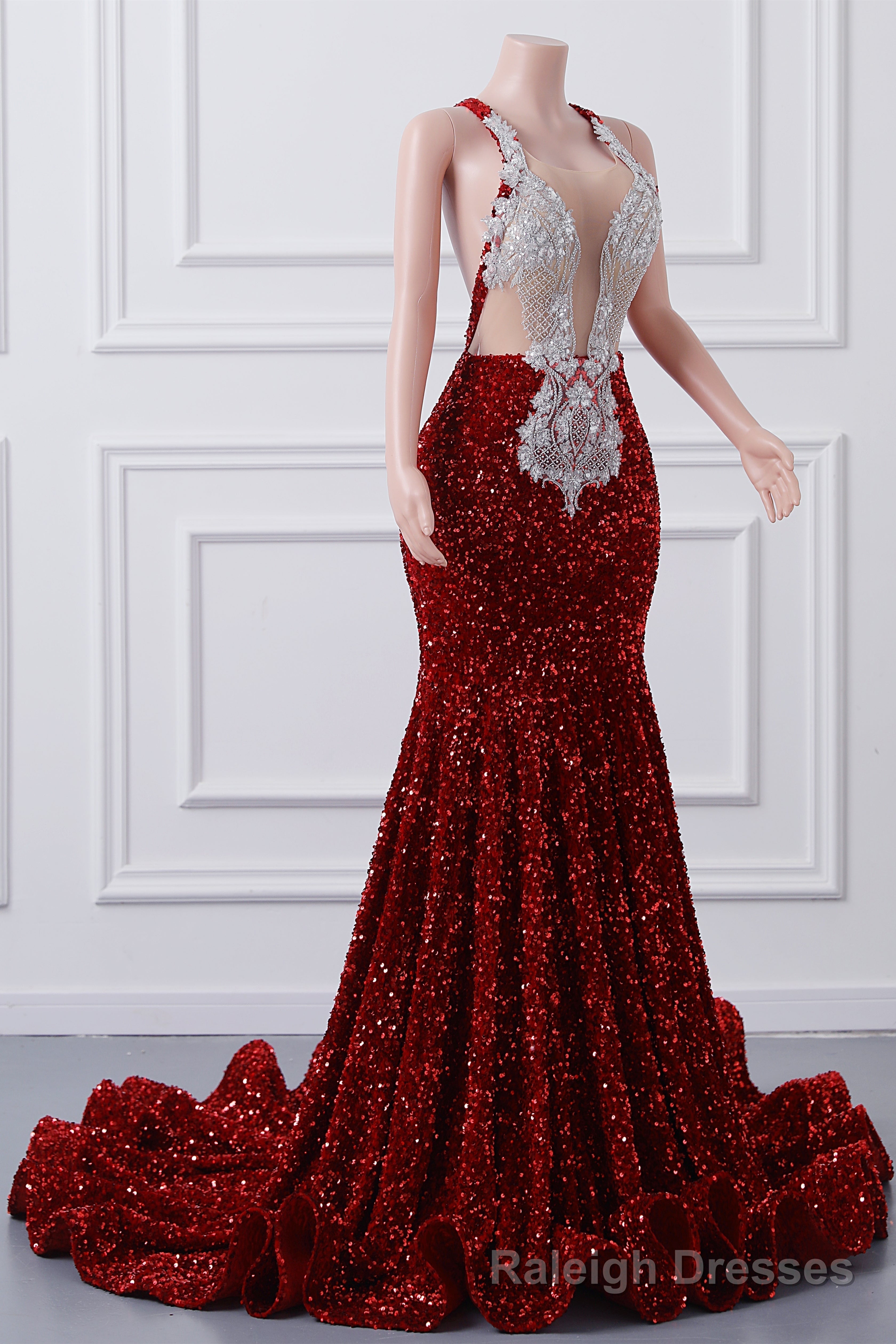Sparkly Red Sequin Mermaid Prom Dresses Luxury Silver Crystal Beaded Sheer Neck Long Formal Prom Prom Gown for Black Girls Secondary image