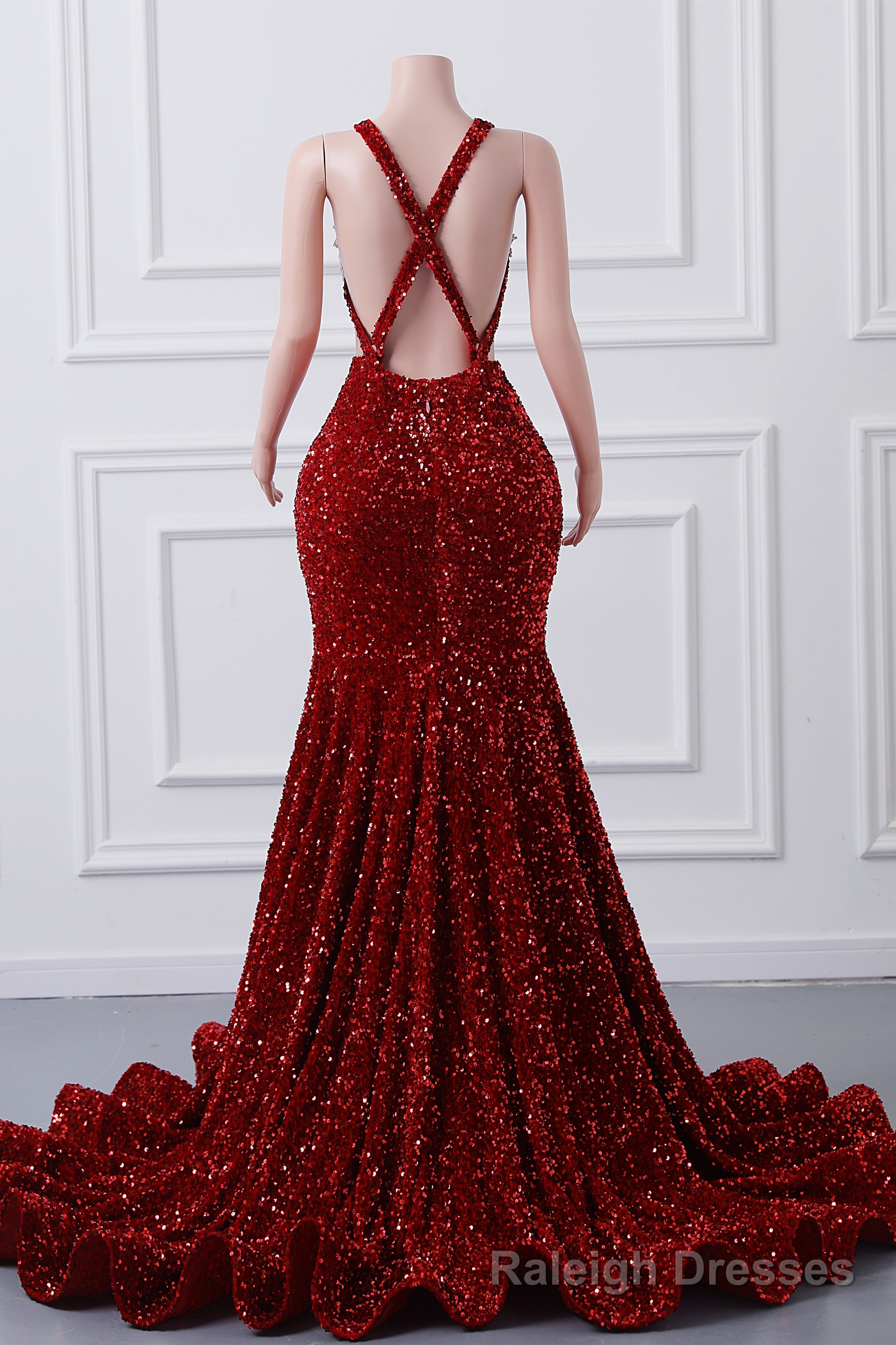 Sparkly Red Sequin Mermaid Prom Dresses Luxury Silver Crystal Beaded Sheer Neck Long Formal Party Evening Gowns for Black Girls