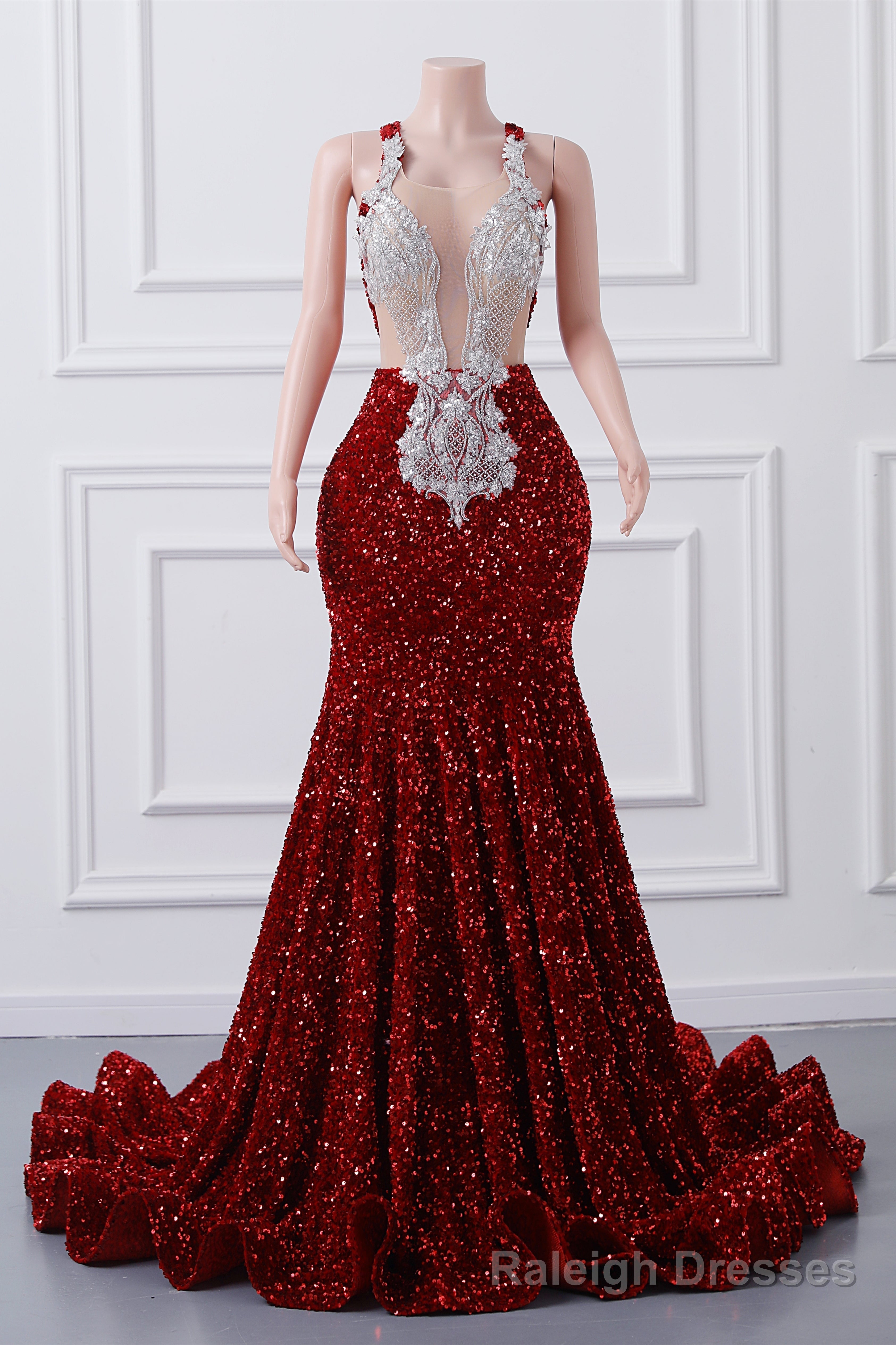 Sparkly Red Sequin Mermaid Prom Dresses Luxury Silver Crystal Beaded Sheer Neck Long Formal Party Evening Gowns for Black Girls Main image