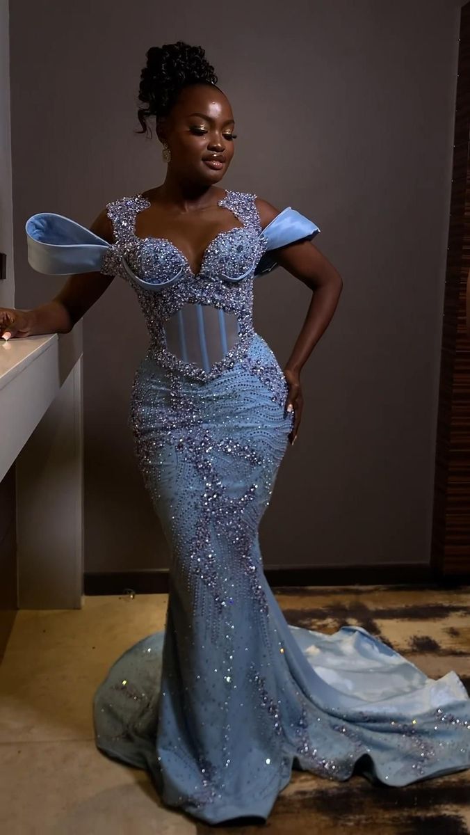 Sparkly Rhinestones Blue Mermaid Prom Dresses Long Prom Dresses