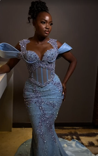 Sparkly Rhinestones Blue Mermaid Prom Dresses Long Prom Dresses