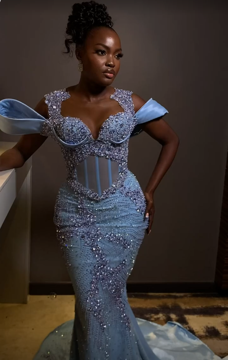 Sparkly Rhinestones Blue Mermaid Prom Dresses Long Prom Dresses