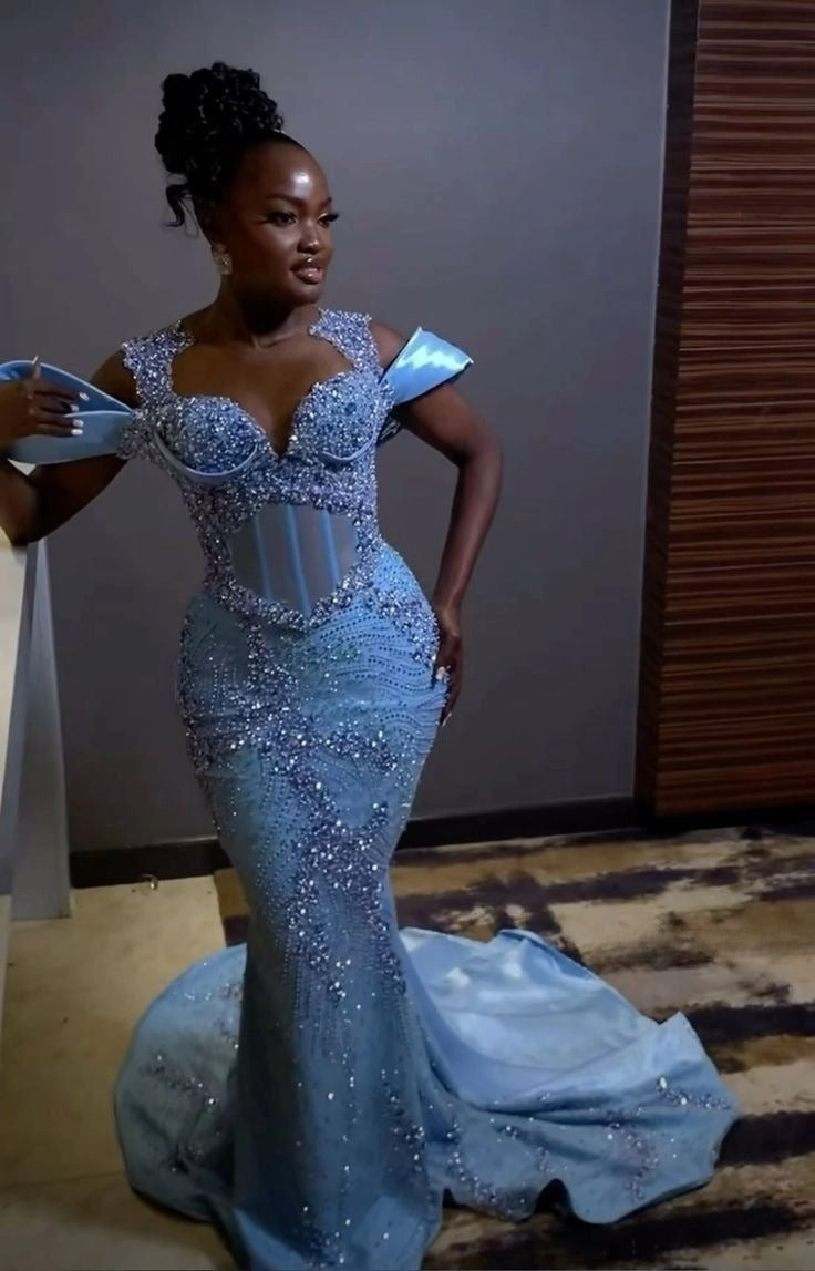 Sparkly Rhinestones Blue Mermaid Prom Dresses Long Prom Dresses