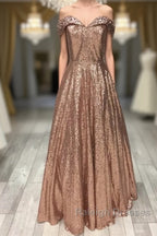 Sparkly Rose Gold Sequin Ball Gown Dress Off Shoulder