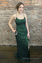 Sparkly Royal Blue Backless Sequins Long Prom Dress with Slit