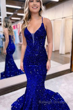 Sparkly Royal Blue Lace-Up Back Sequins Mermaid Long Prom Dress