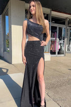 Sparkly Royal Blue One Shoulder Sheath Long Prom Dress with Slit