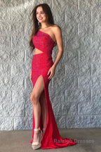 Sparkly Royal Blue One Shoulder Sheath Long Prom Dress with Slit