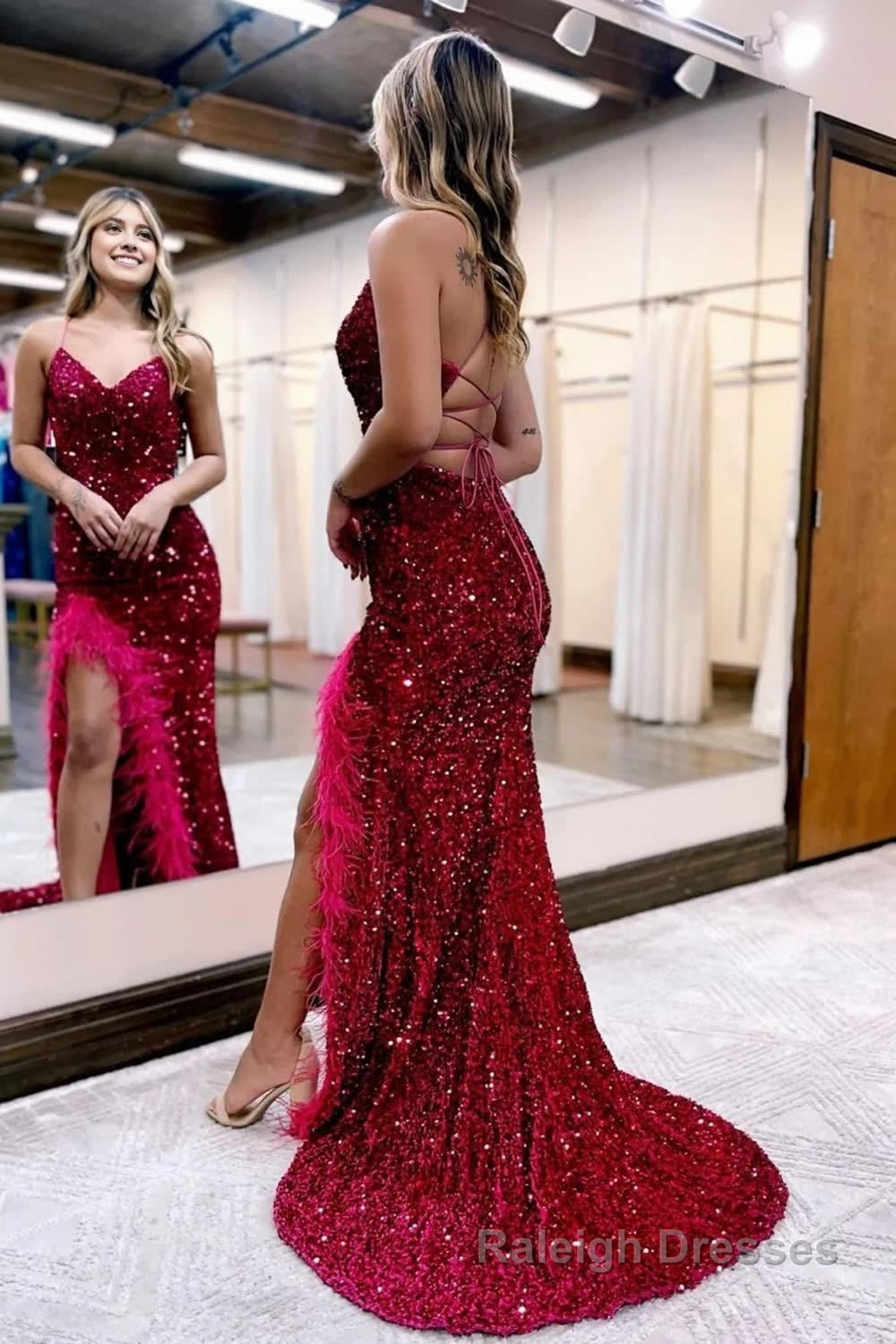 Sparkly Royal Blue Sequins Long Mermaid Prom Dress with Feathers