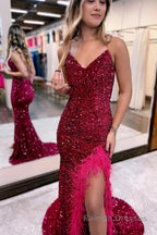 Sparkly Royal Blue Sequins Long Mermaid Prom Dress with Feathers