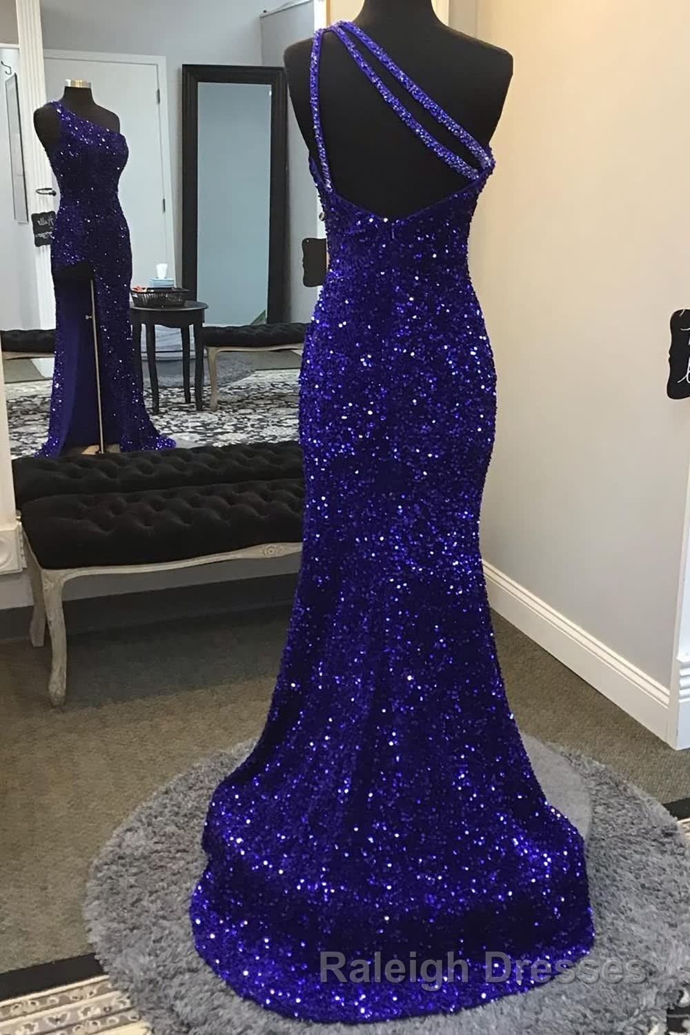 Sparkly Royal Blue Sequins One Shoulder Long Prom