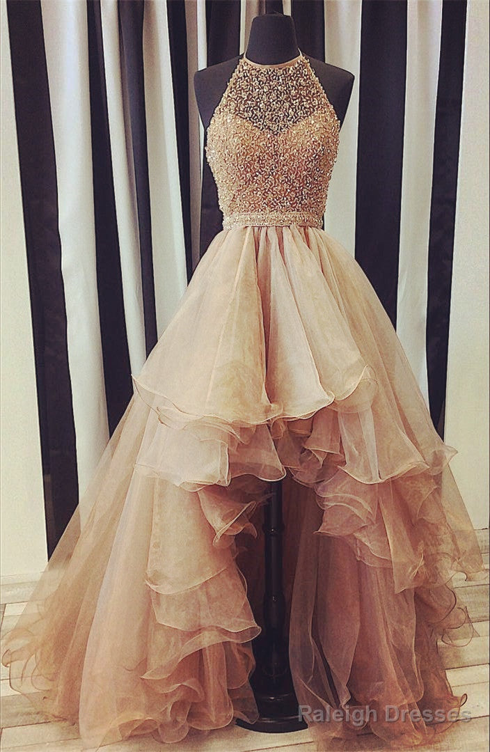 Sparkly Sequin Beaded Halter Organza Layered Prom Dress Front Short Long Back Secondary image