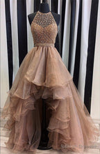 Sparkly Sequin Beaded Halter Organza Layered Prom Dresses Front Short Long Back