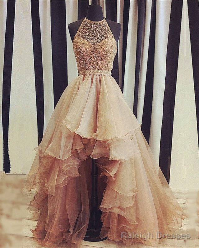 Sparkly Sequin Beaded Halter Organza Layered Prom Dresses Front Short Long Back Main image