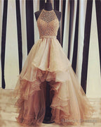 Sparkly Sequin Beaded Halter Organza Layered Prom Dress Front Short Long Back