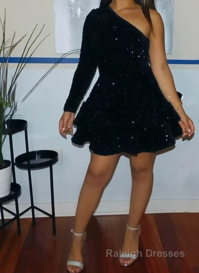 Sparkly Sequin Cocktail Dresses Short A Line One Shoulder African Women Formal Long Sleeve Homecoming Dress
