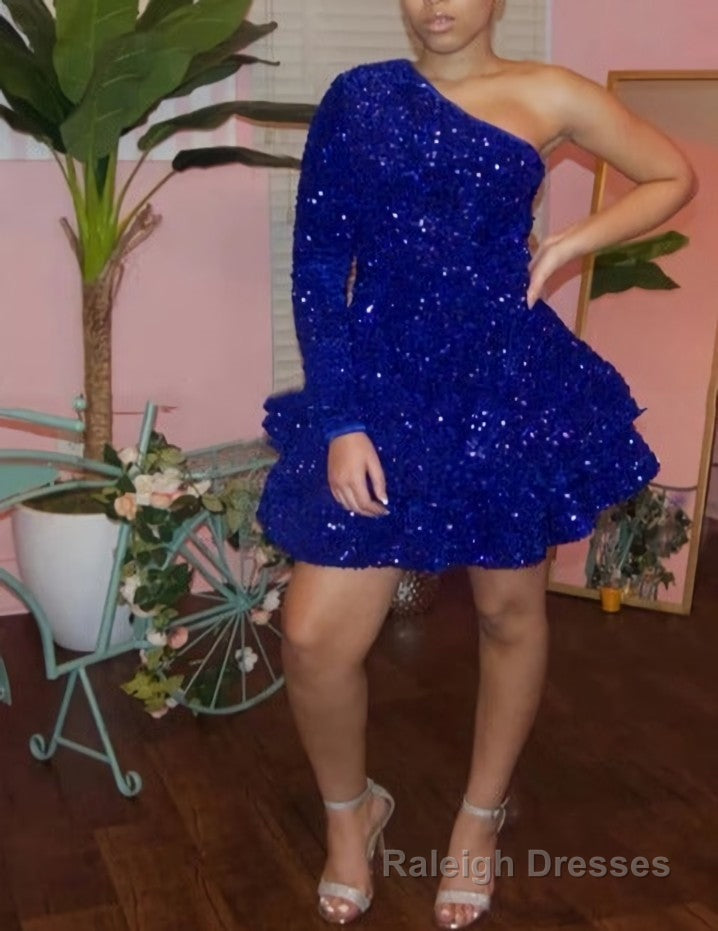 Sparkly Sequin Cocktail Dresses Short A Line One Shoulder African Women Formal Long Sleeve Homecoming Dress Main image