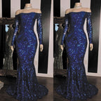 Sparkly Sequined Mermaid Prom Dress Royal Blue Long Sleeve Graduation Prom Dresses Prom Gown