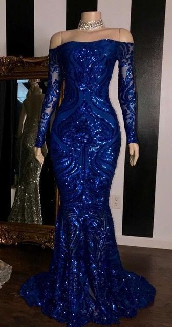 Sparkly Sequined Mermaid Prom Dress Royal Blue Long Sleeve Graduation Prom Dresses Prom Gown Main image