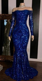Sparkly Sequined Mermaid Prom Dress Royal Blue Long Sleeve Graduation Prom Dresses Prom Gown