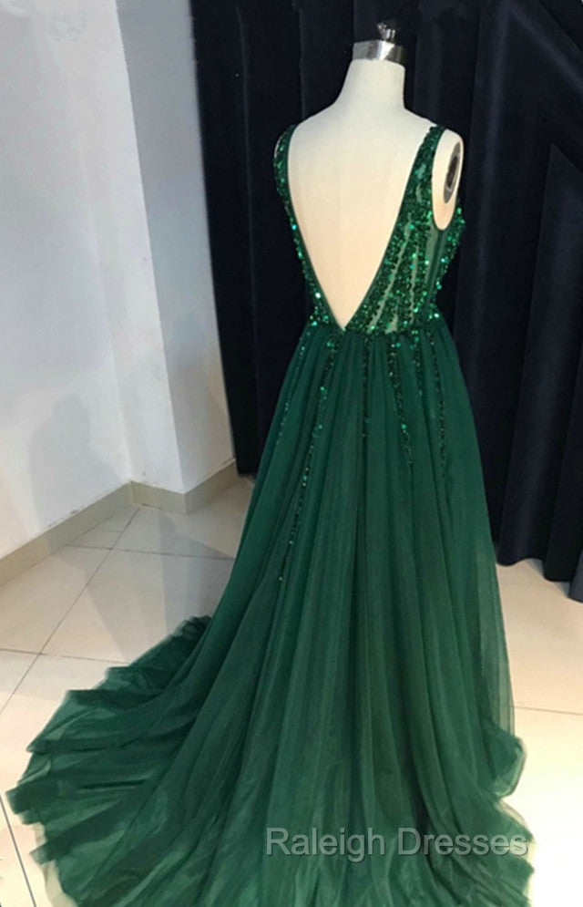 Sparkly Sequins Beaded V-Neck Tulle Open Back Prom Dress