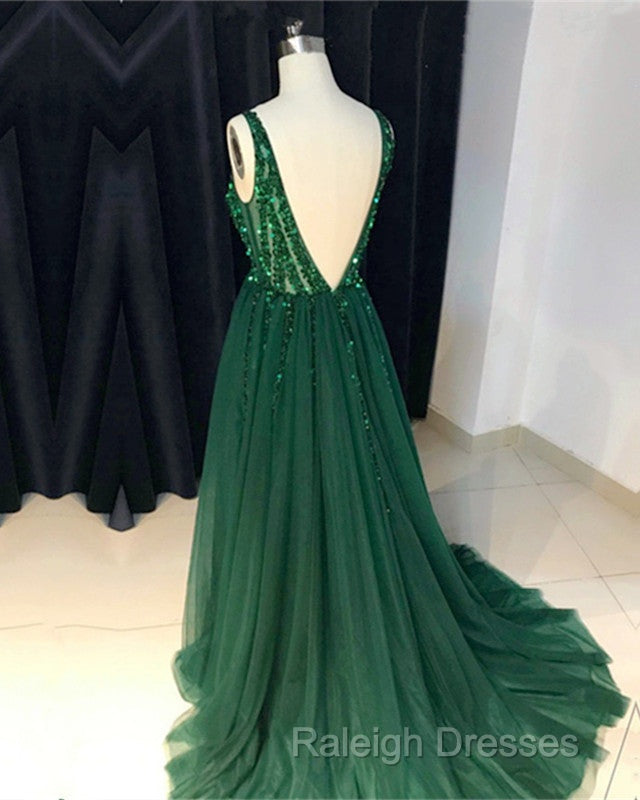 Sparkly Sequins Beaded V-Neck Tulle Open Back Prom Dress