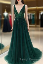 Sparkly Sequins Beaded V-Neck Tulle Open Back Prom Dress