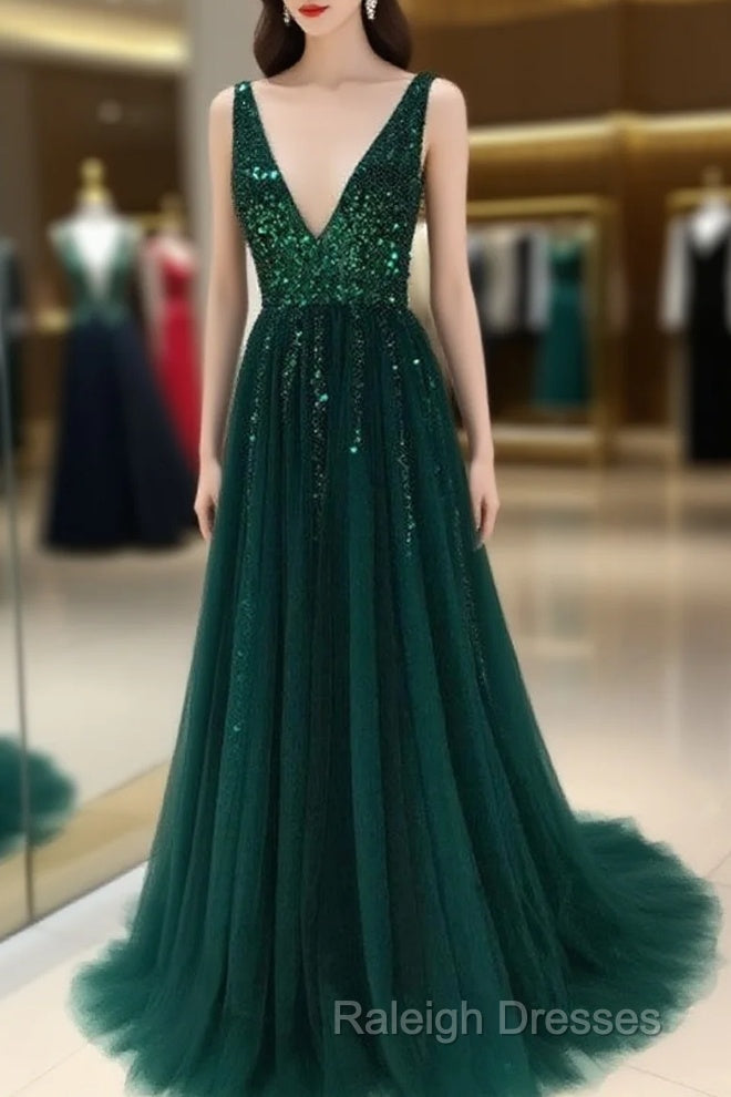 Sparkly Sequins Beaded V-Neck Tulle Open Back Prom Dress