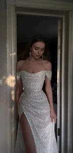 Sparkly Sequins Off Shoulder Side Slit Prom Dresses
