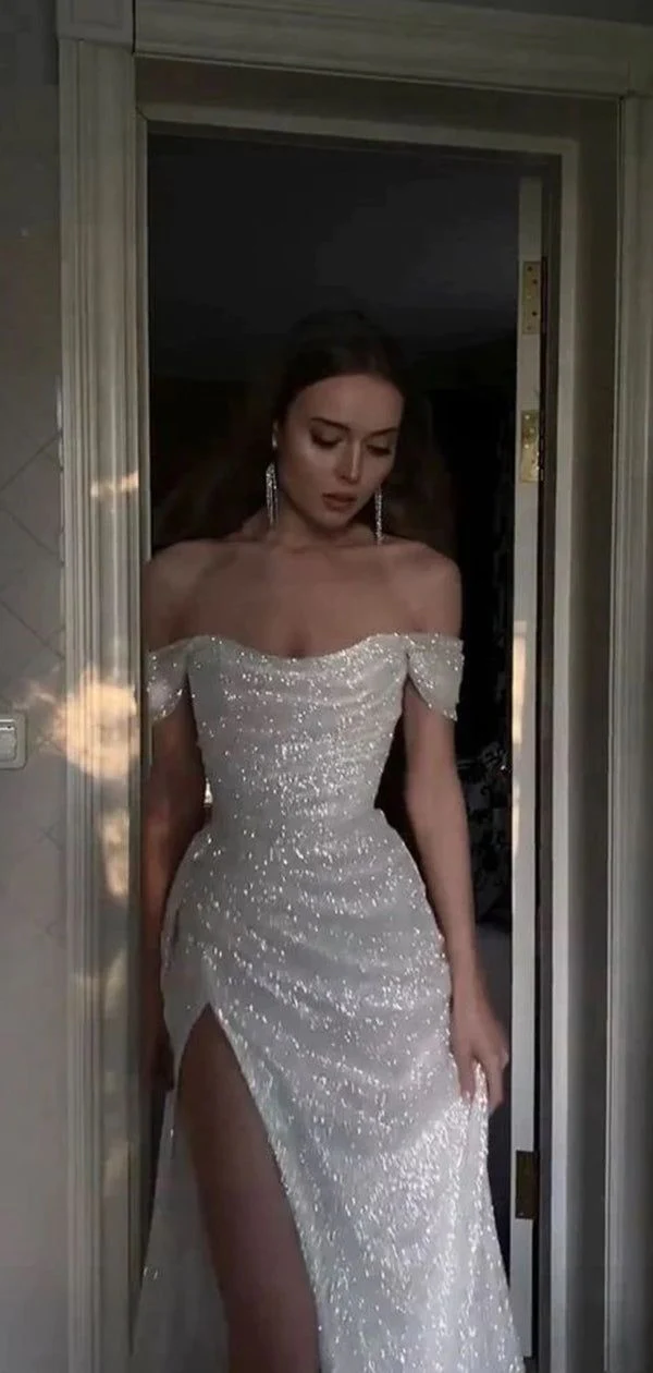 Sparkly Sequins Off Shoulder Side Slit Prom Dresses