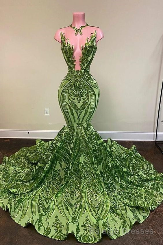 Sparkly Sequins Olive Green Mermaid African Prom Dresses Black Girls Neck Long Graduation Dress Main image
