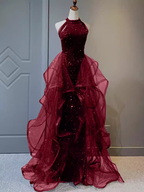 Sparkly Sheath Burgundy Sequin Prom Dresses Long Prom Dress