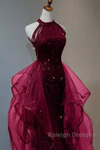 Sparkly Sheath Burgundy Sequin Long Prom Dress Party Dresses