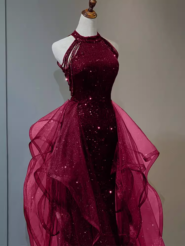 Sparkly Sheath Burgundy Sequin Prom Dresses Long Prom Dress