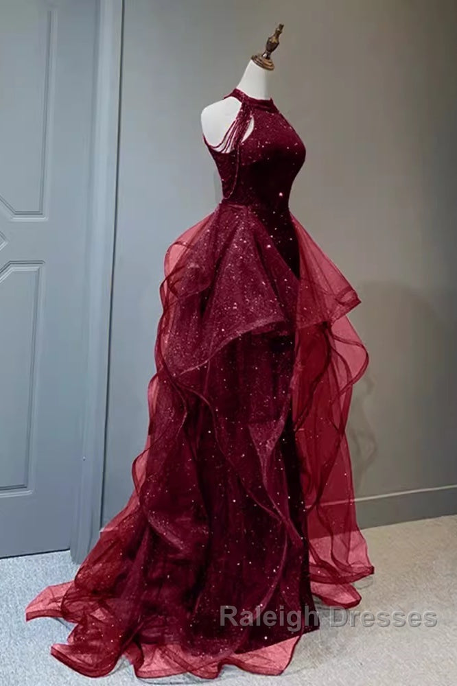 Sparkly Sheath Burgundy Sequin Long Prom Dress Party Dresses