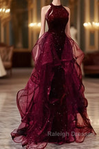 Sparkly Sheath Burgundy Sequin Long Prom Dress Party Dresses