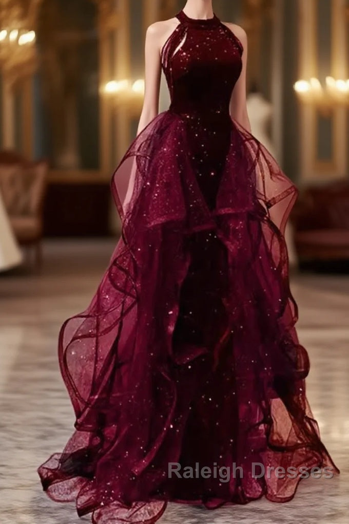 Sparkly Sheath Burgundy Sequin Long Prom Dress Party Dresses