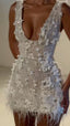 Sparkly Sheath V Neck White Feathers Beaded Wedding Dresses Short Bridal Gowns Wedding Dress