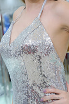 Sparkly Silver Sequined Mermaid Halter Backless Prom Dresses
