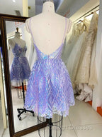 Sparkly Spaghetti Straps V-Neck Sequin Short Purple Homecoming Dress Online