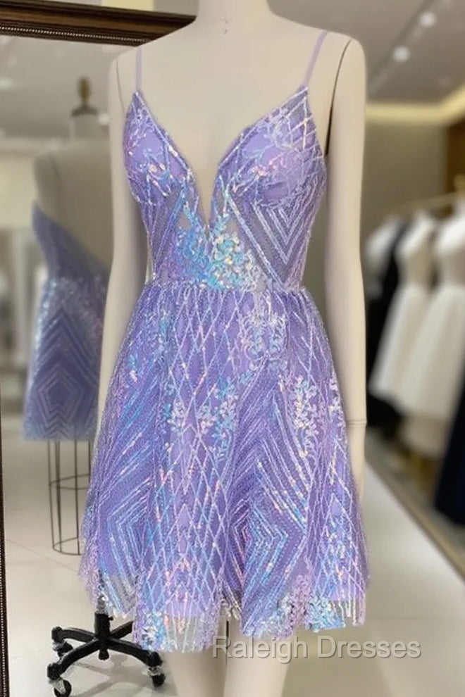 Sparkly Spaghetti Straps V-Neck Sequin Short Purple Homecoming Dresses Online, Main image
