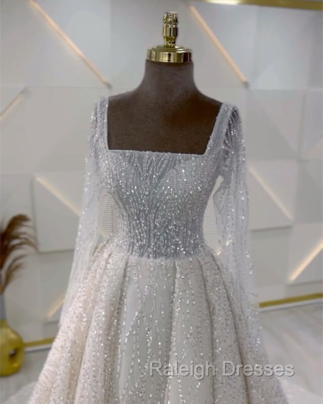 Sparkly Square Neck Long Sleeve Wedding Dress Secondary image