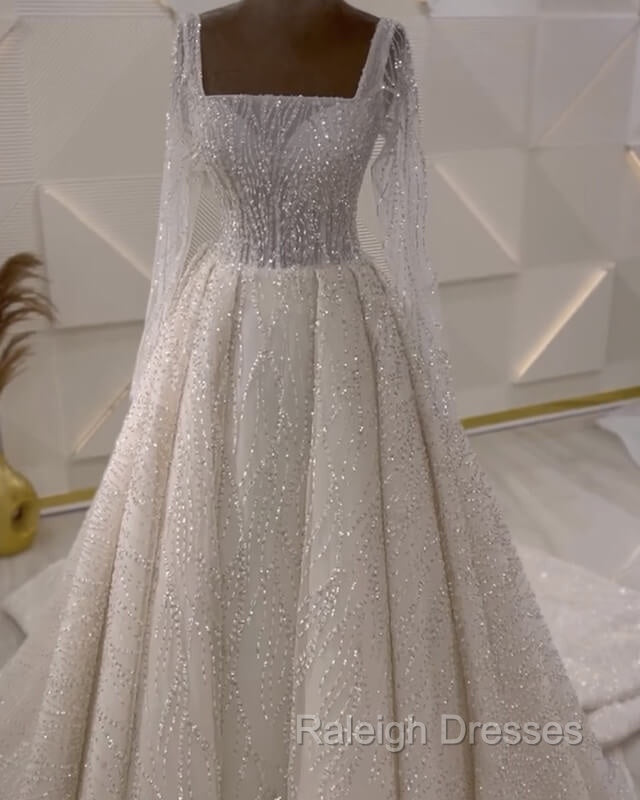 Sparkly Square Neck Long Sleeve Wedding Dress