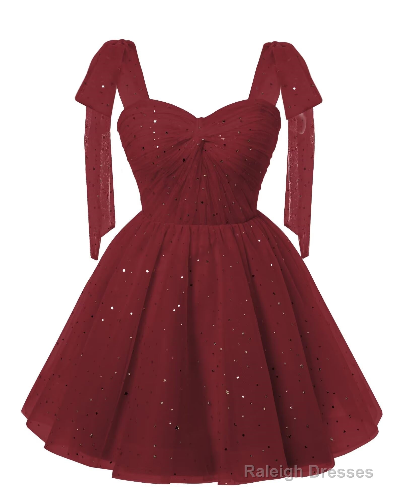 Sparkly Starry Burgundy Tulle Short Homecoming Dresses Spaghetti Bow Straps Prom Dress Sequin Cocktail Party Dress for Teens Secondary image