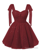 Sparkly Starry Burgundy Tulle Short Homecoming Dresses Spaghetti Bow Straps Prom Dress Sequin Cocktail Prom Dress for Teens