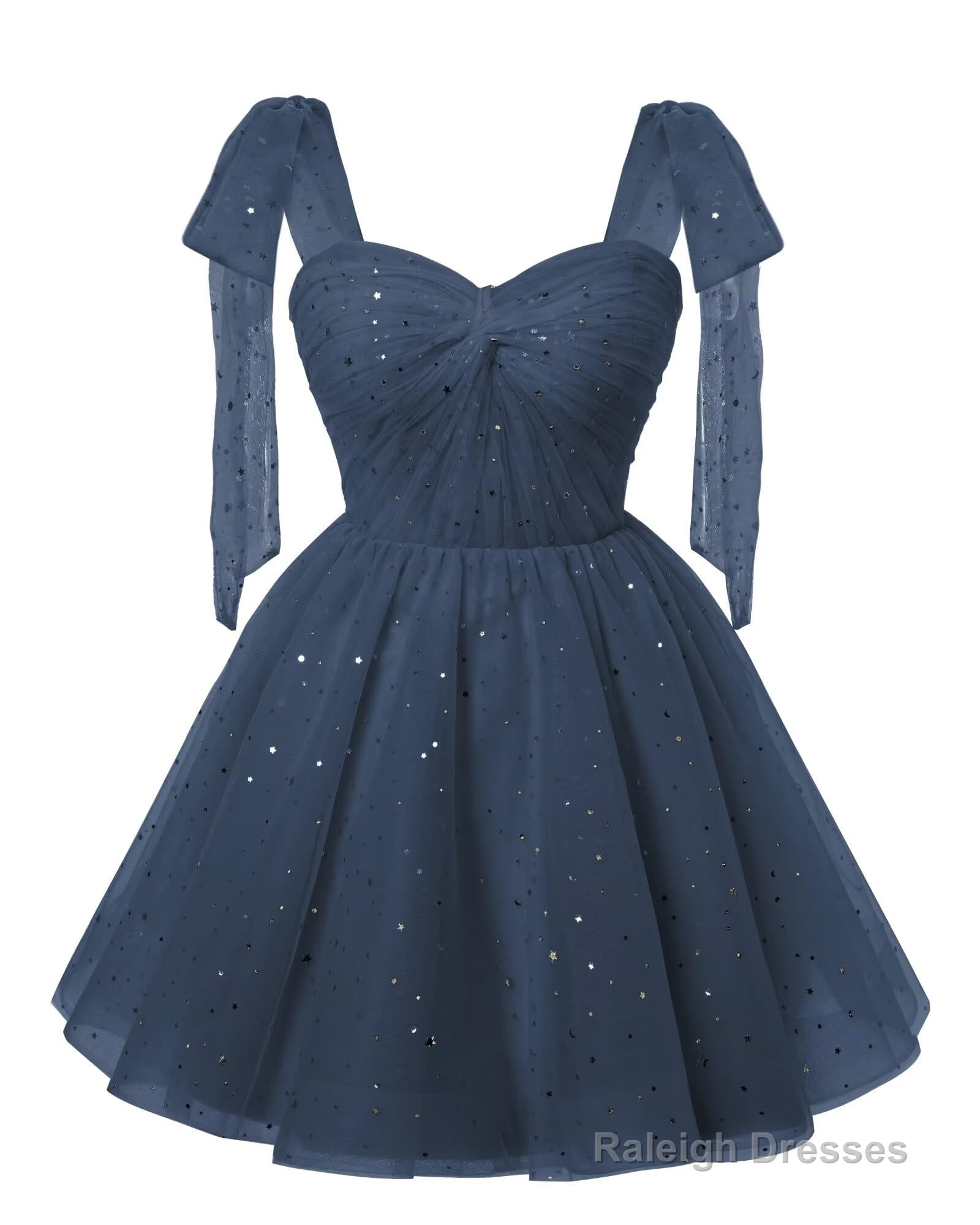 Sparkly Starry Navy Blue Tulle Short Homecoming Dresses Spaghetti Bow Straps Prom Dress Sequin Cocktail Prom Dress for Teens Secondary image
