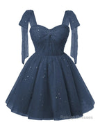 Sparkly Starry Navy Blue Tulle Short Homecoming Dresses Spaghetti Bow Straps Prom Dress Sequin Cocktail Prom Dress for Teens