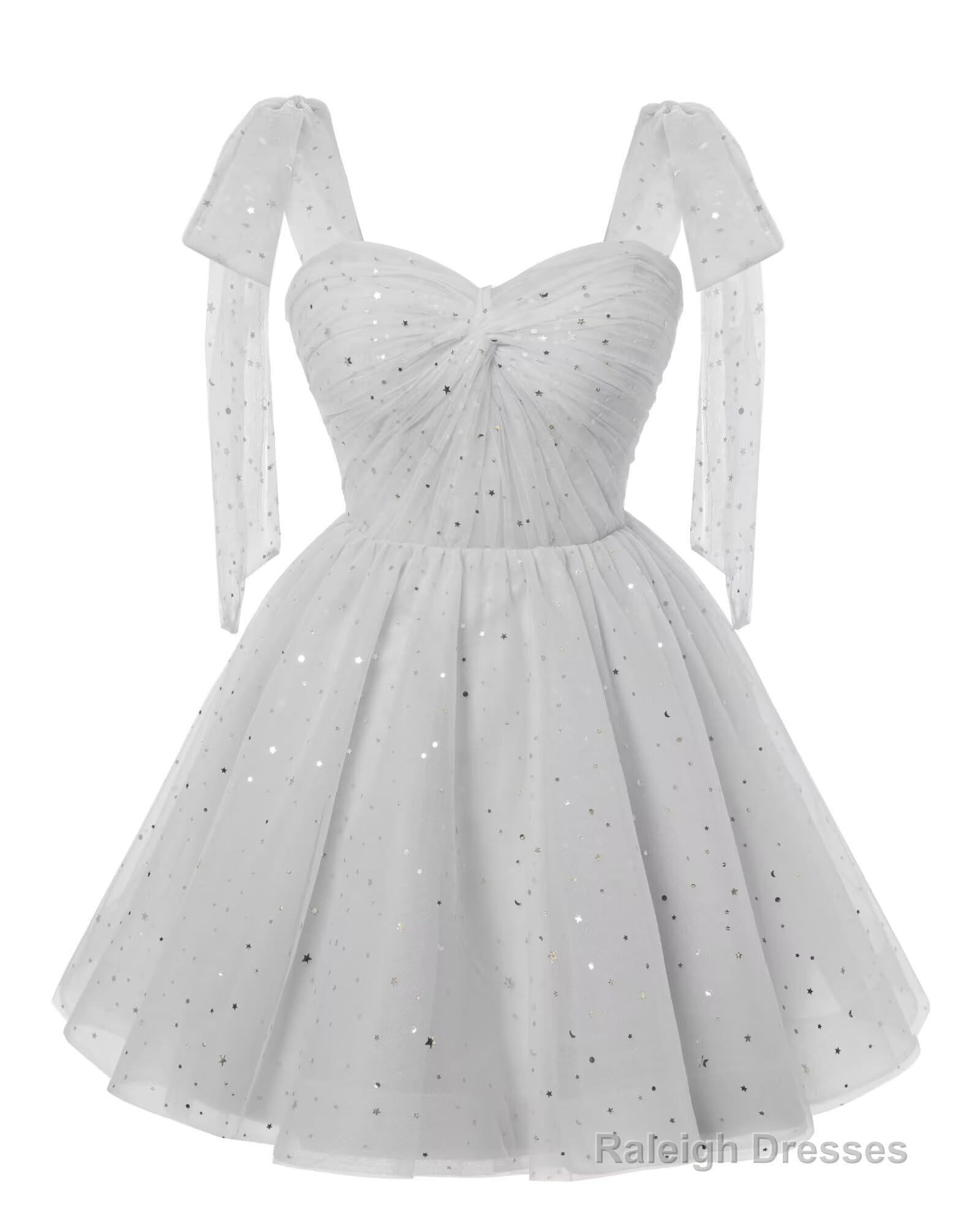 Sparkly Starry Silver Gray Tulle Short Homecoming Dresses Spaghetti Bow Straps Prom Dress Sequin Cocktail Prom Dress for Teens Main image